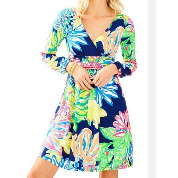 Lilly Pulitzer Fleur Dress XS Travelers Palm V-Neck Long Sleeve Fit and Flare - Picture 3 of 8